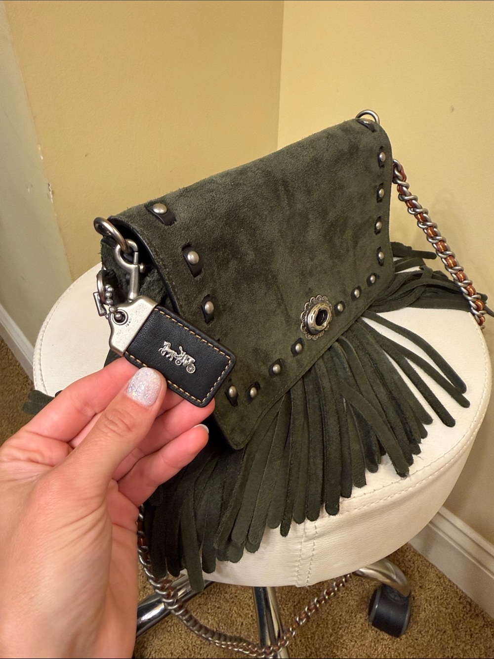 Coach 1941 Olive Suede Fringe Shoulder Bag with Silver Studs - Picture 5 of 9